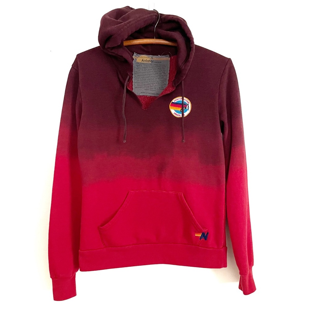 Aviator Nation Red Ombré Dip Dye Hoodie Split Neck Pullover Sweatshirt Sz Small